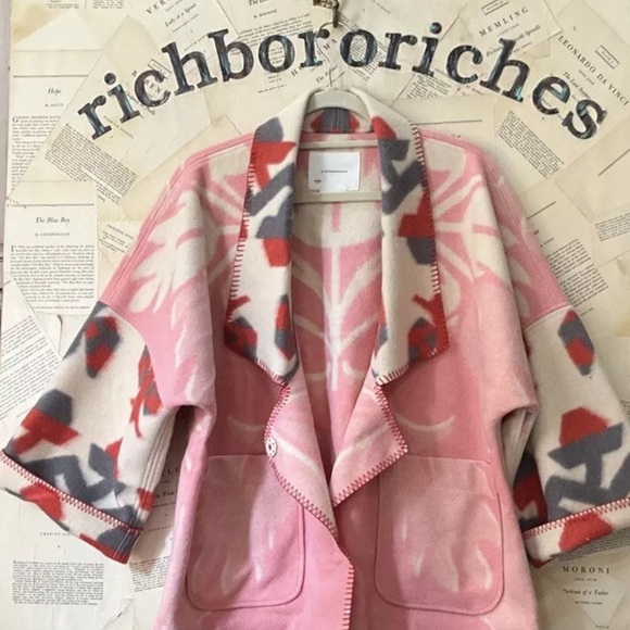 Anthropologie Heidi Kimono Jacket Soft Wool Front Patch Pockets Pink Ivory Motif - Picture 4 of 10